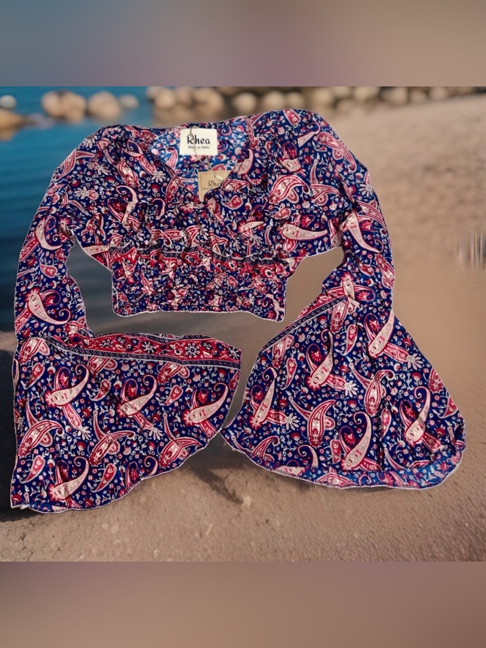 Rhea NWT Navy/Pink/Cream Paisley Boho Top and Maxi Skirt Set - Two-Piece - Picture 3 of 12